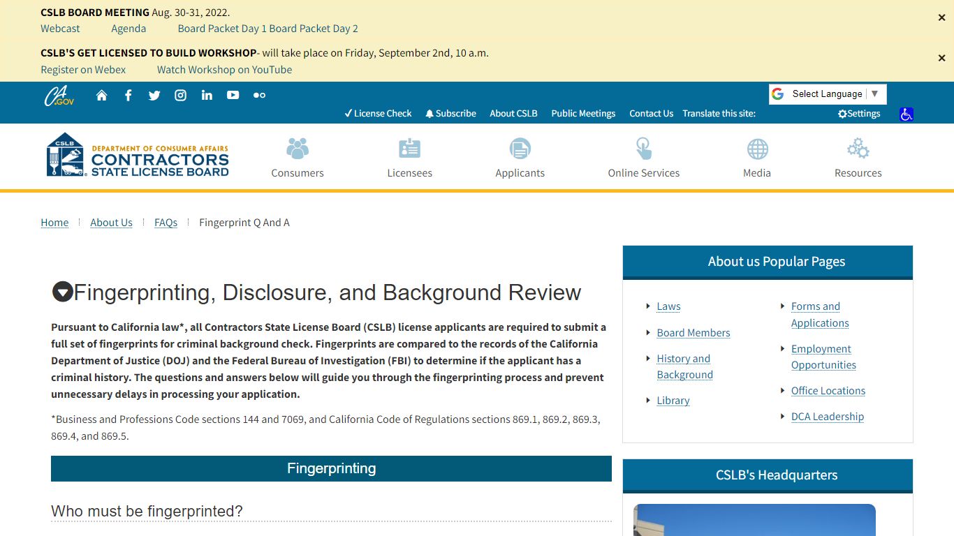 Fingerprinting, Disclosure, and Background Review - CSLB